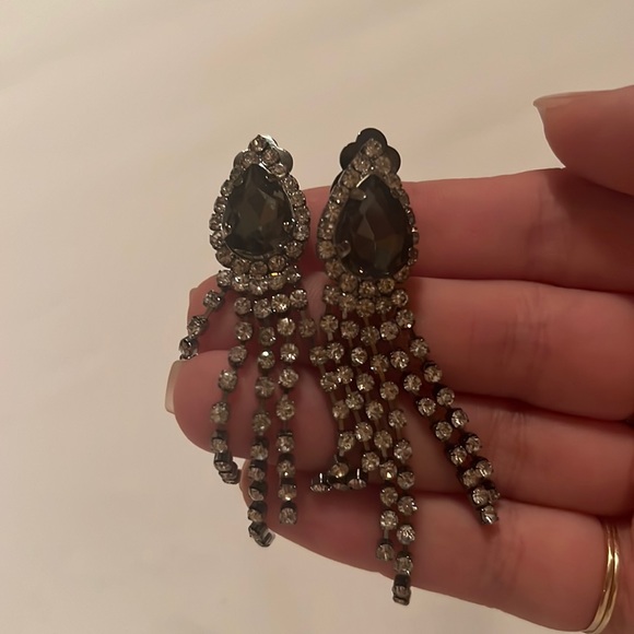 Black Rhinestone Clip On Earrings - Picture 3 of 6